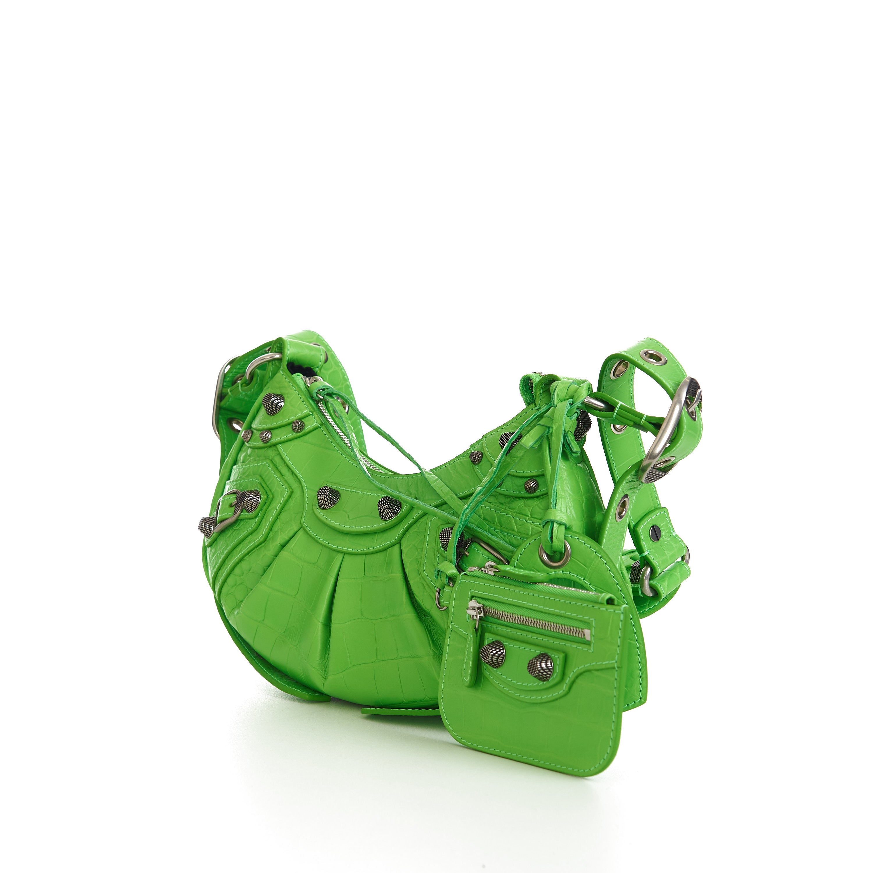 BALENCIAGA 2500$ Bright Green Le Cagole XS Bag - Croco Embossed Calfskin