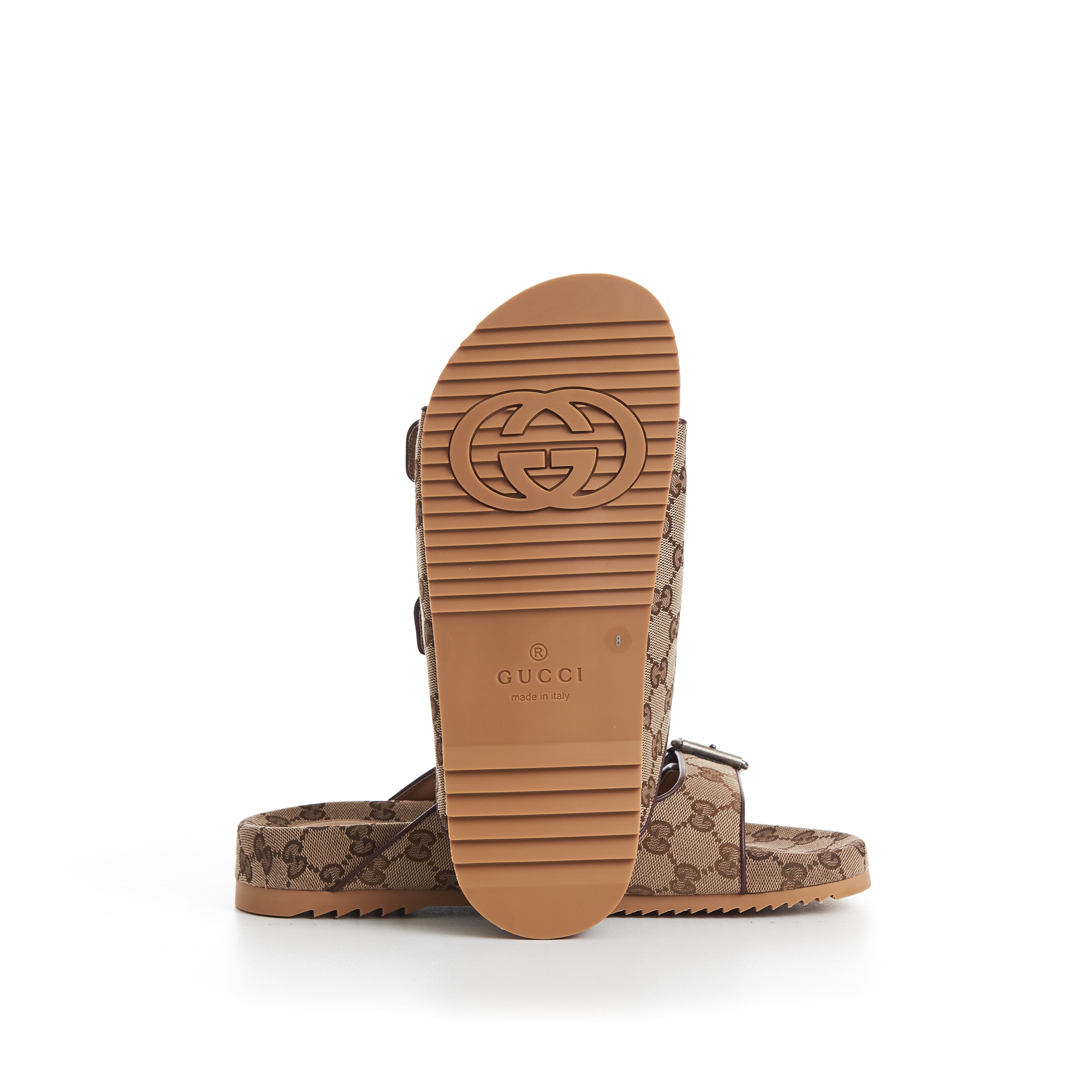 Men's slide sandal with straps in beige and ebony GG canvas