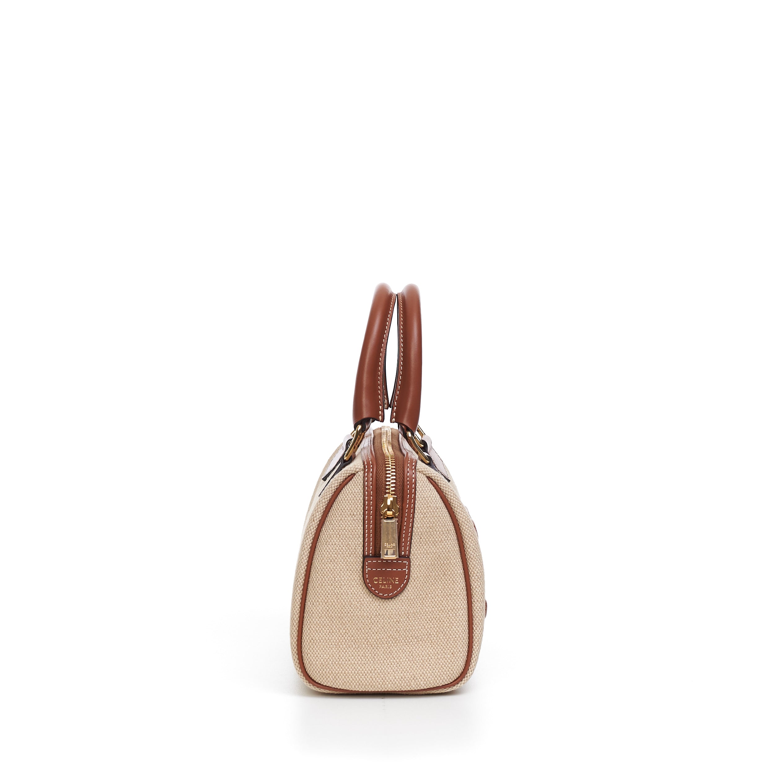 Celine Small Boston Bag in Triomphe Canvas and Calfskin Tan for